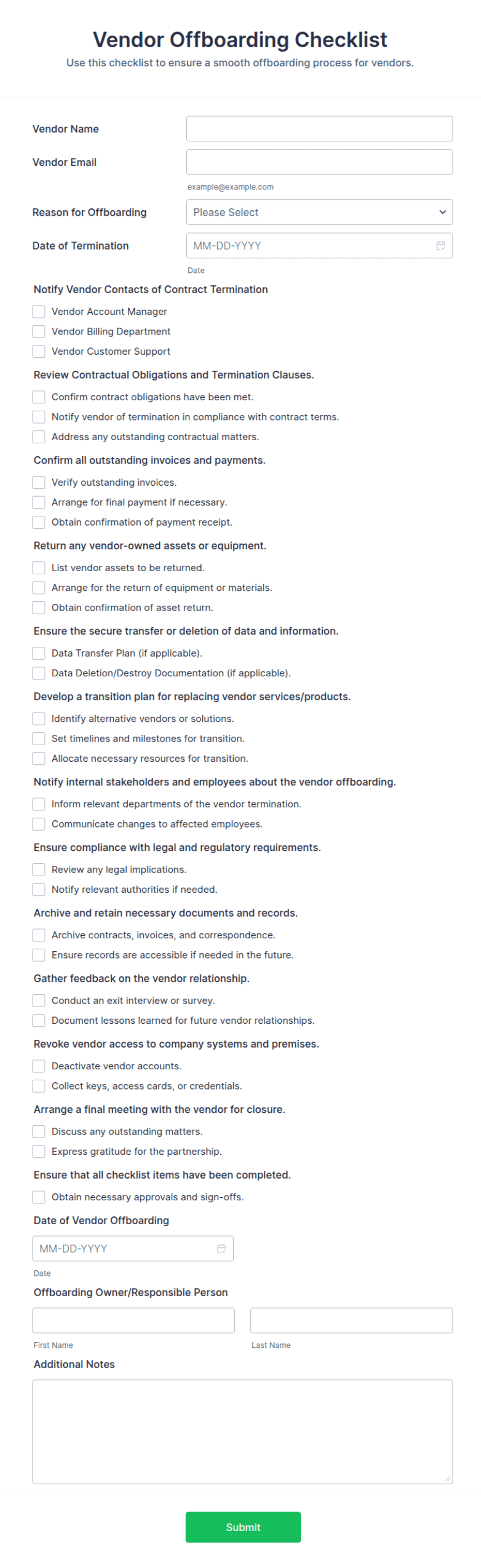 Vendor Offboarding Checklist Template Form Template | Jotform