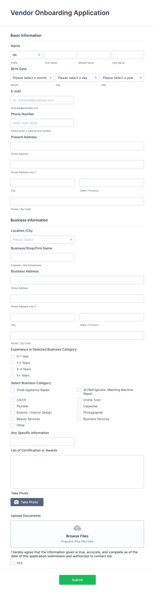 Vendor Onboarding Application Form Template