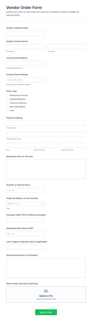 Vendor Order Form For Real Estate Firm