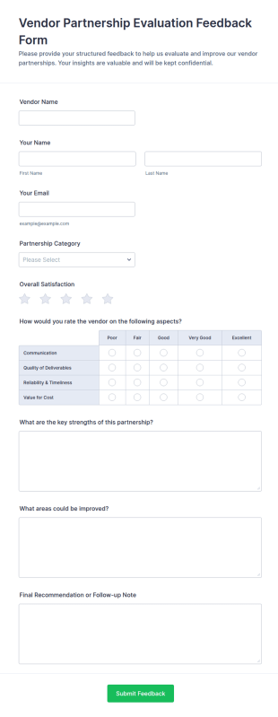 Vendor Partnership Evaluation Feedback Form Template