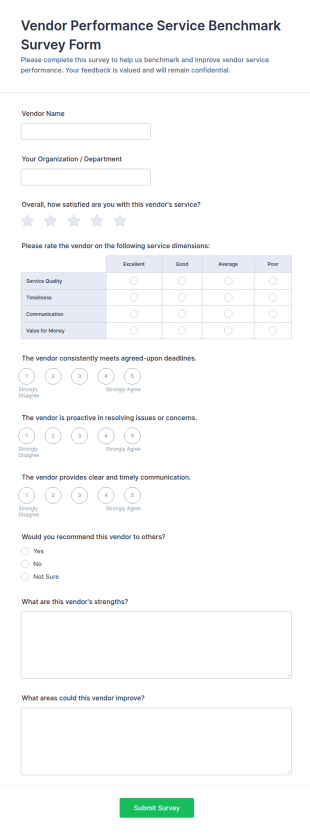 Vendor Performance Service Benchmark Survey Form Template