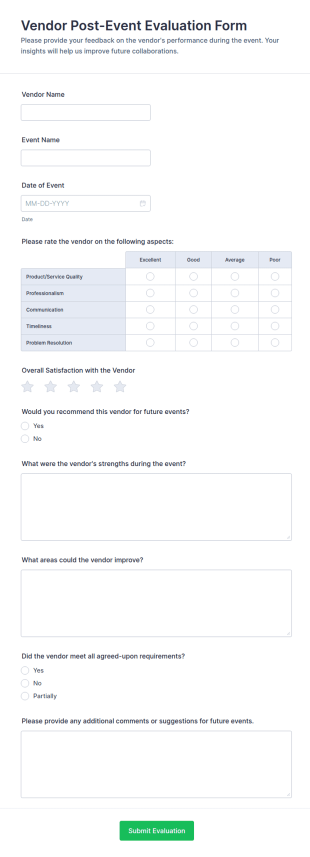 Vendor Post Event Evaluation Form Template