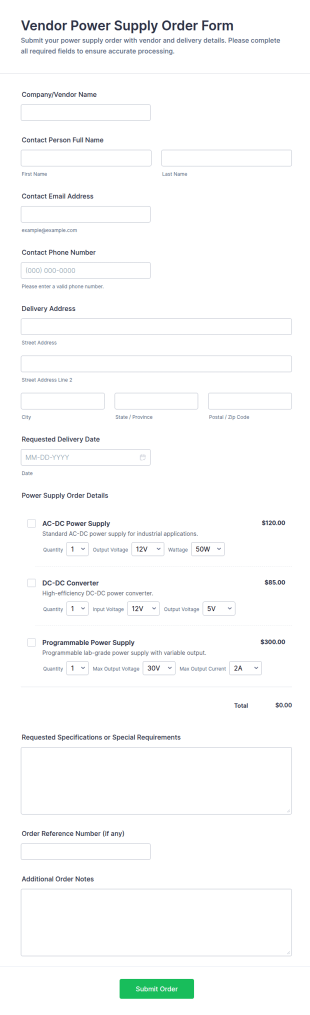 Vendor Power Supply Order Form Template