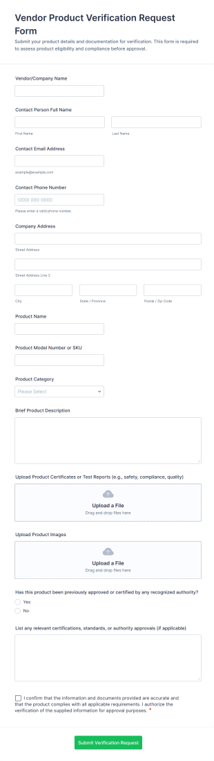 Vendor Product Verification Request Form Form Template