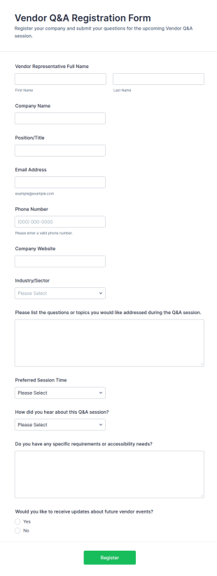 Vendor Q&A Registration Form Template