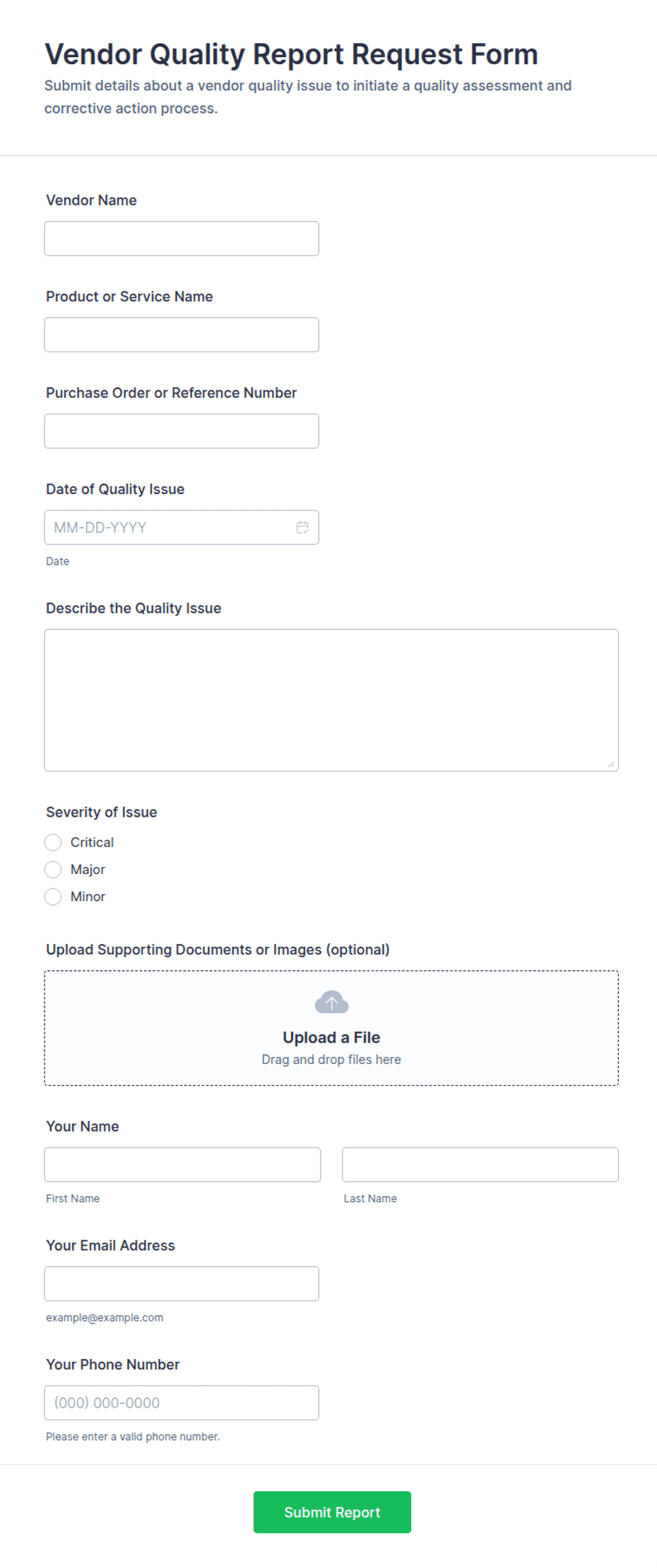 Vendor Quality Report Request Form Template | Jotform