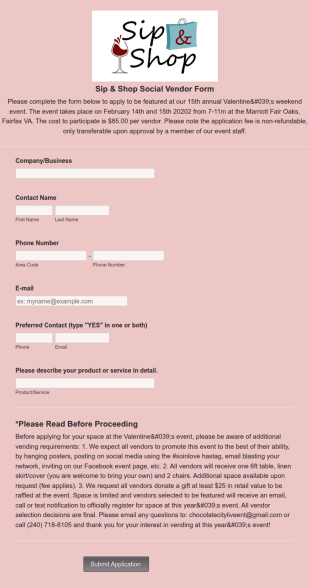 Vendor Registration Form For Valentines Day