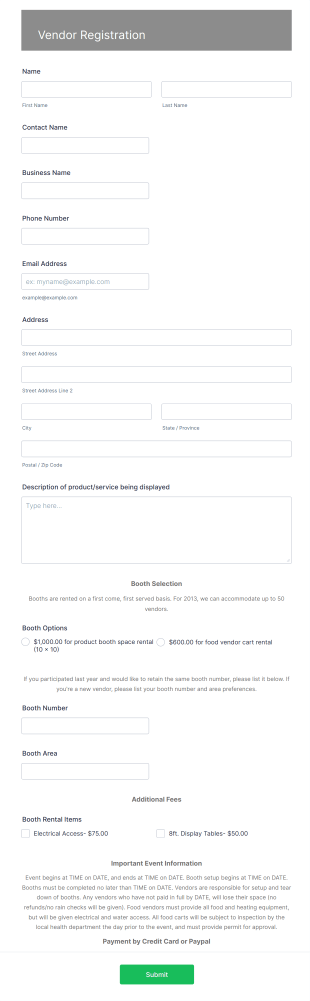 Vendor Booth Registration Form Template