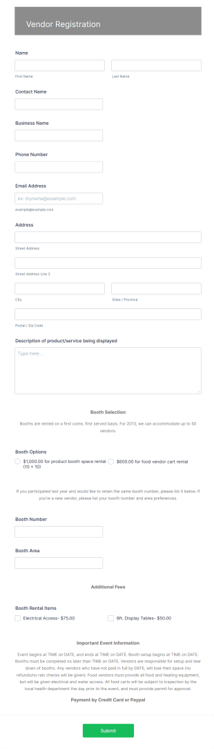 Vendor Booth Registration Form Template