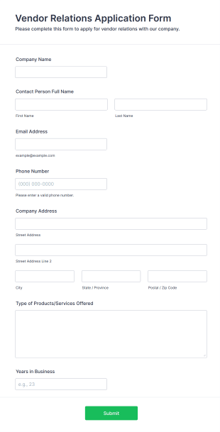 Vendor Relations Application Form Form Template