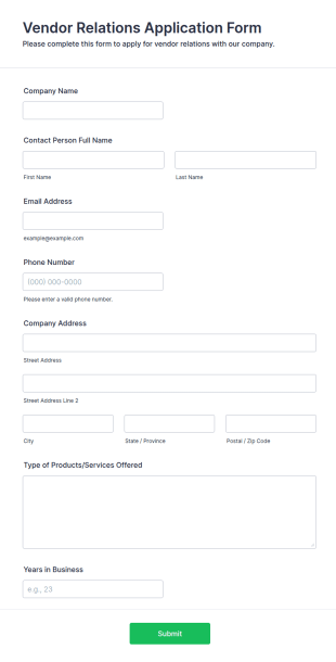 Vendor Relations Application Form Template