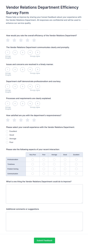 Vendor Relations Department Efficiency Survey Form Template