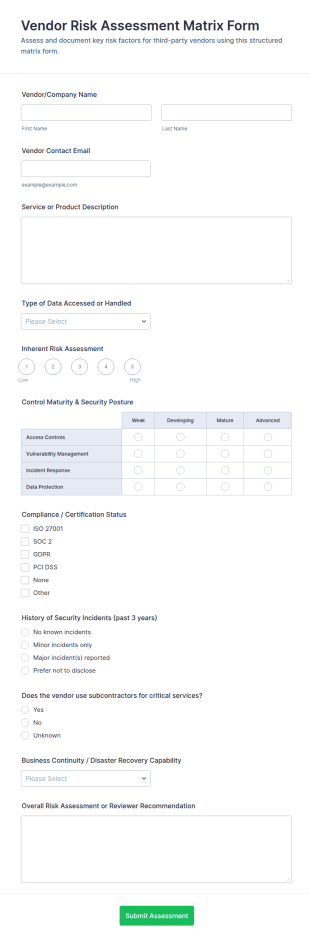 Vendor Risk Assessment Matrix Form Template