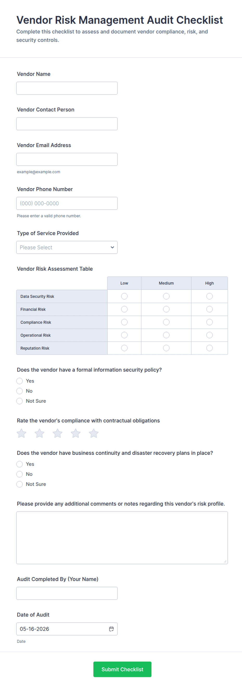Vendor Risk Management Audit Checklist Form Template | Jotform