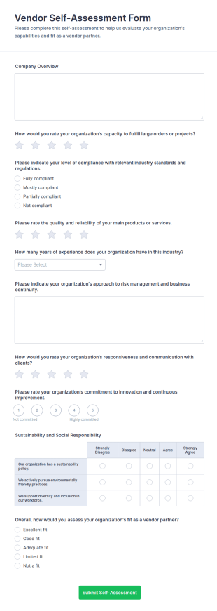 Vendor Self Assessment Form Template