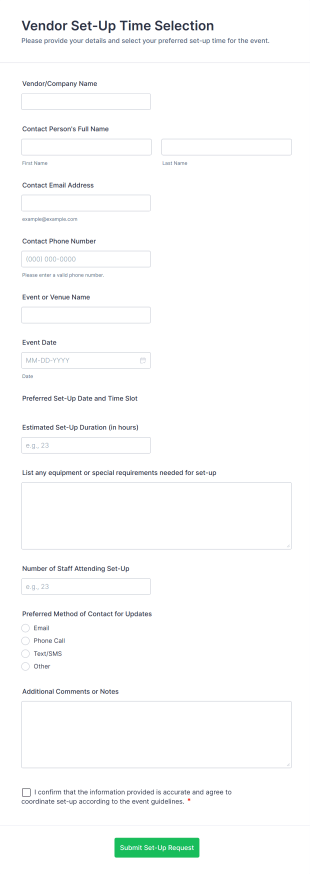 Vendor Set Up Time Selection Form Template