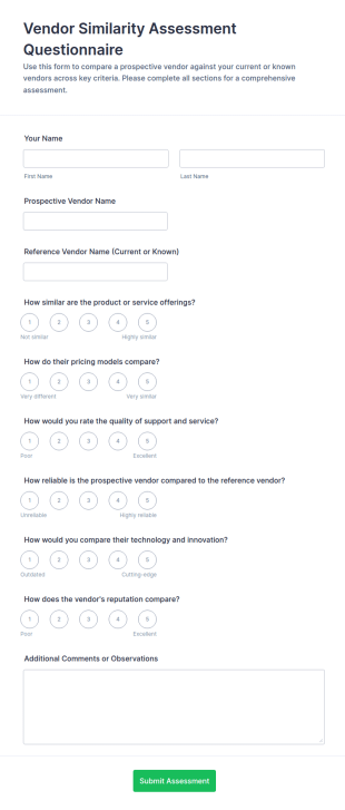 Vendor Similarity Assessment Questionnaire Form Template