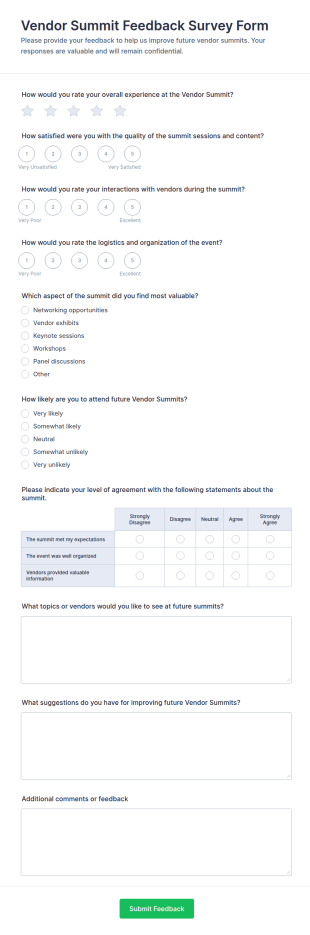 Vendor Summit Feedback Survey Form Template