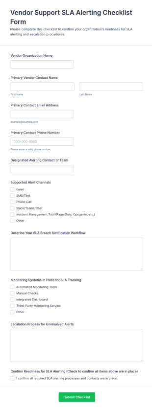 Vendor Support SLA Alerting Checklist Form Template