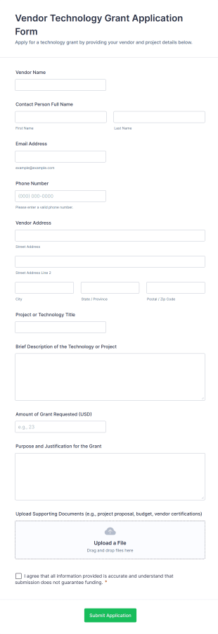 Vendor Technology Grant Application Form Form Template