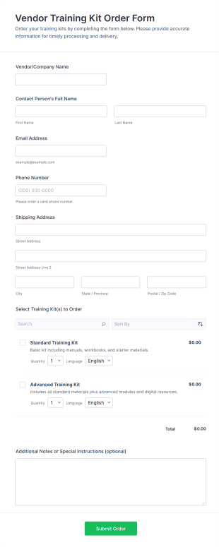 Vendor Training Kit Order Form Template