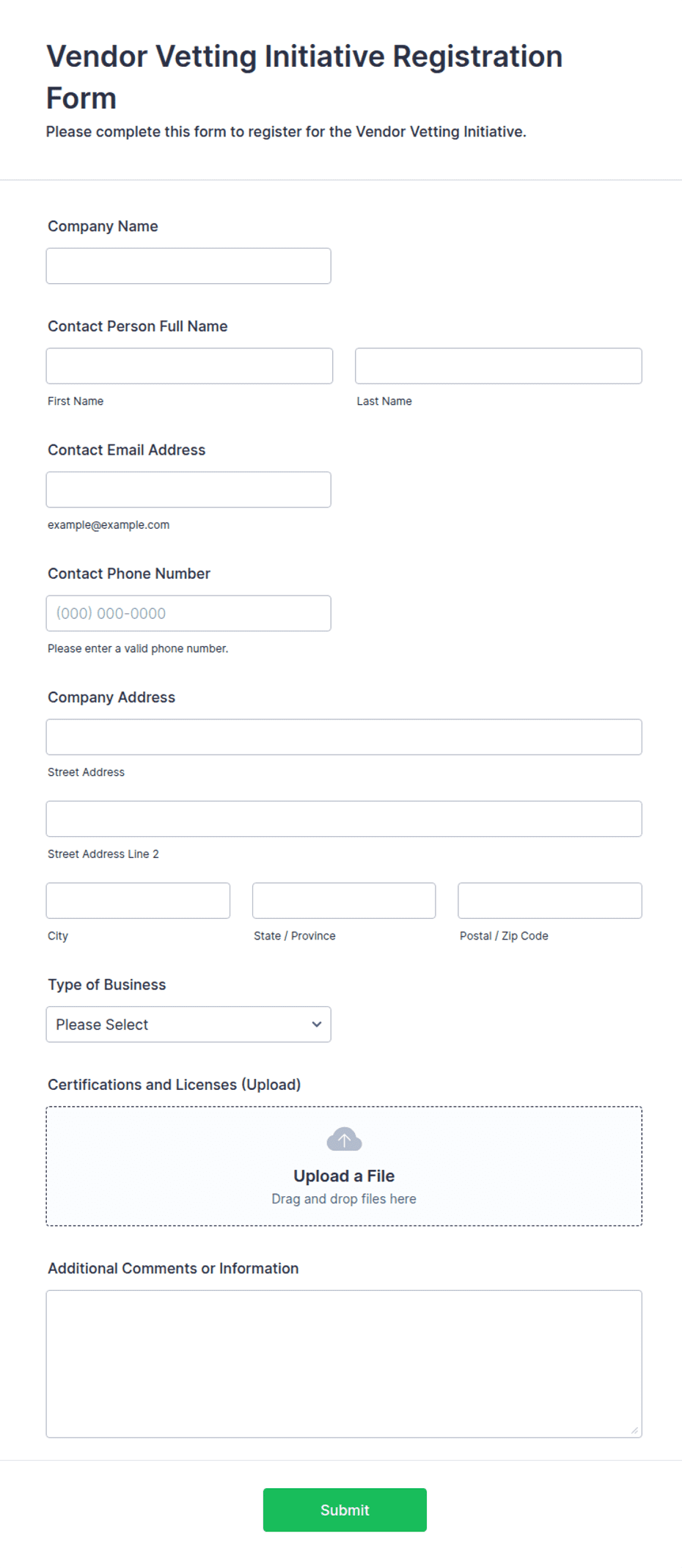 Vendor Vetting Initiative Registration Form Template | Jotform