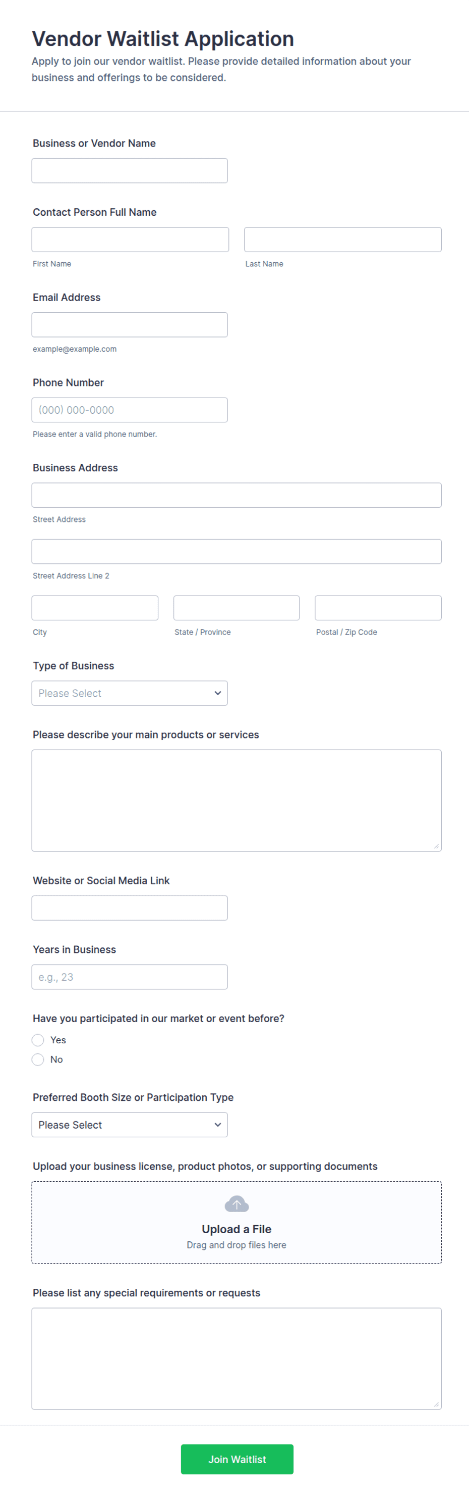 Vendor Waitlist Application Form Template | Jotform