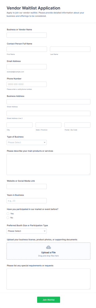 Vendor Waitlist Application Form Template