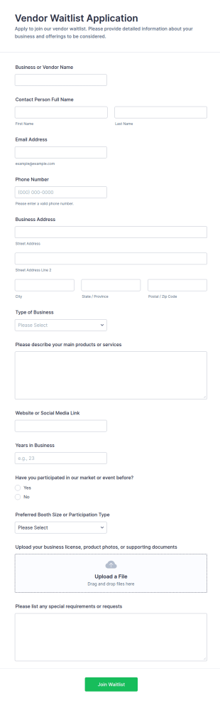 Vendor Waitlist Application Form Template