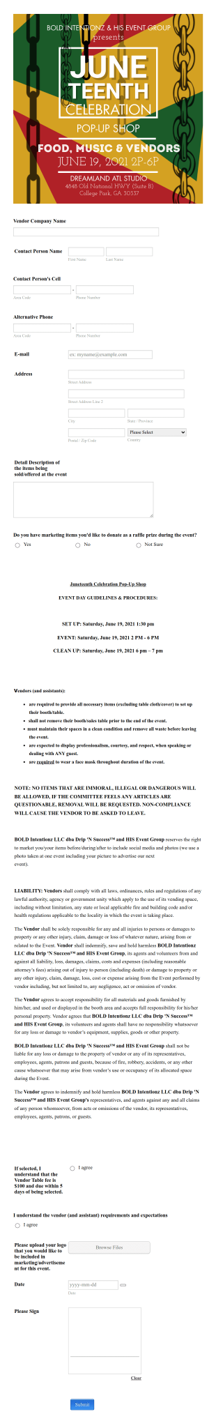 Vendors Participation Application Form Template