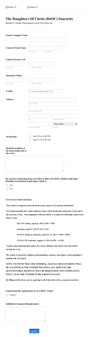 Vendors Participation Application Form Template