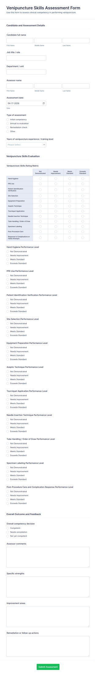 Venipuncture Skills Assessment Form Template