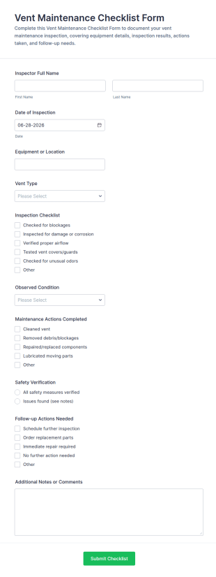 Vent Maintenance Checklist Form Template