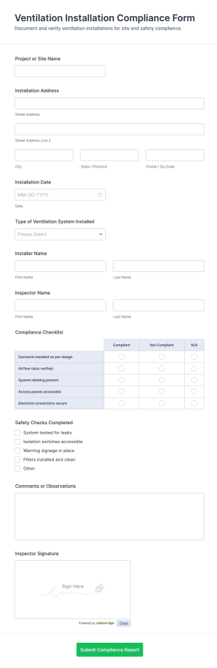 Ventilation Installation Compliance Form Template