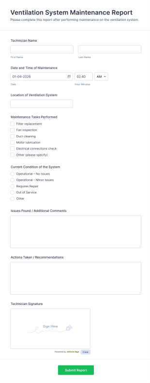Ventilation System Maintenance Report Form Template