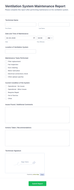 Ventilation System Maintenance Report Form Template