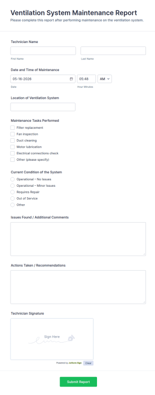 Ventilation System Maintenance Report Form Template
