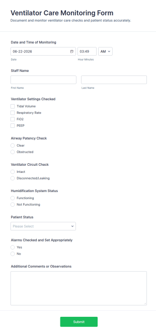 Ventilator Care Monitoring Form Template