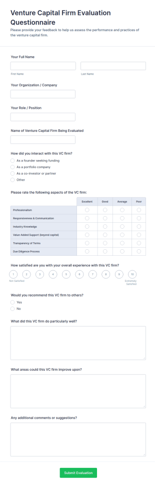 Venture Capital Firm Evaluation Questionnaire Form Template