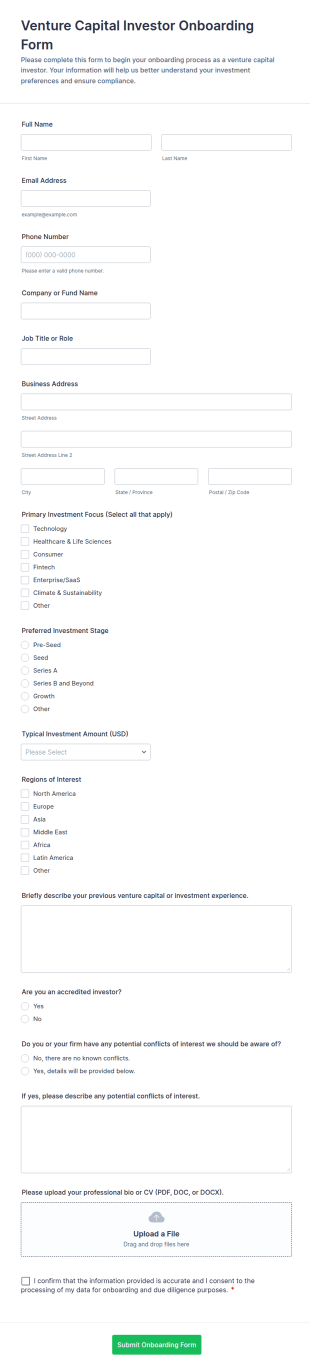 Venture Capital Investor Onboarding Form Template