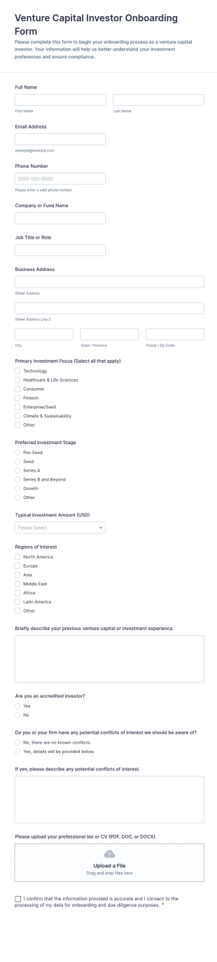 Venture Capital Investor Onboarding Form Template