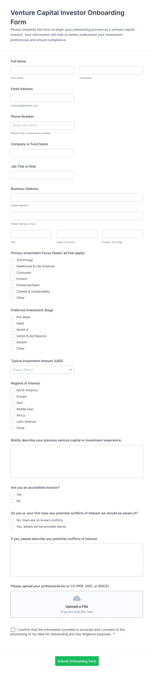 Venture Capital Investor Onboarding Form Template