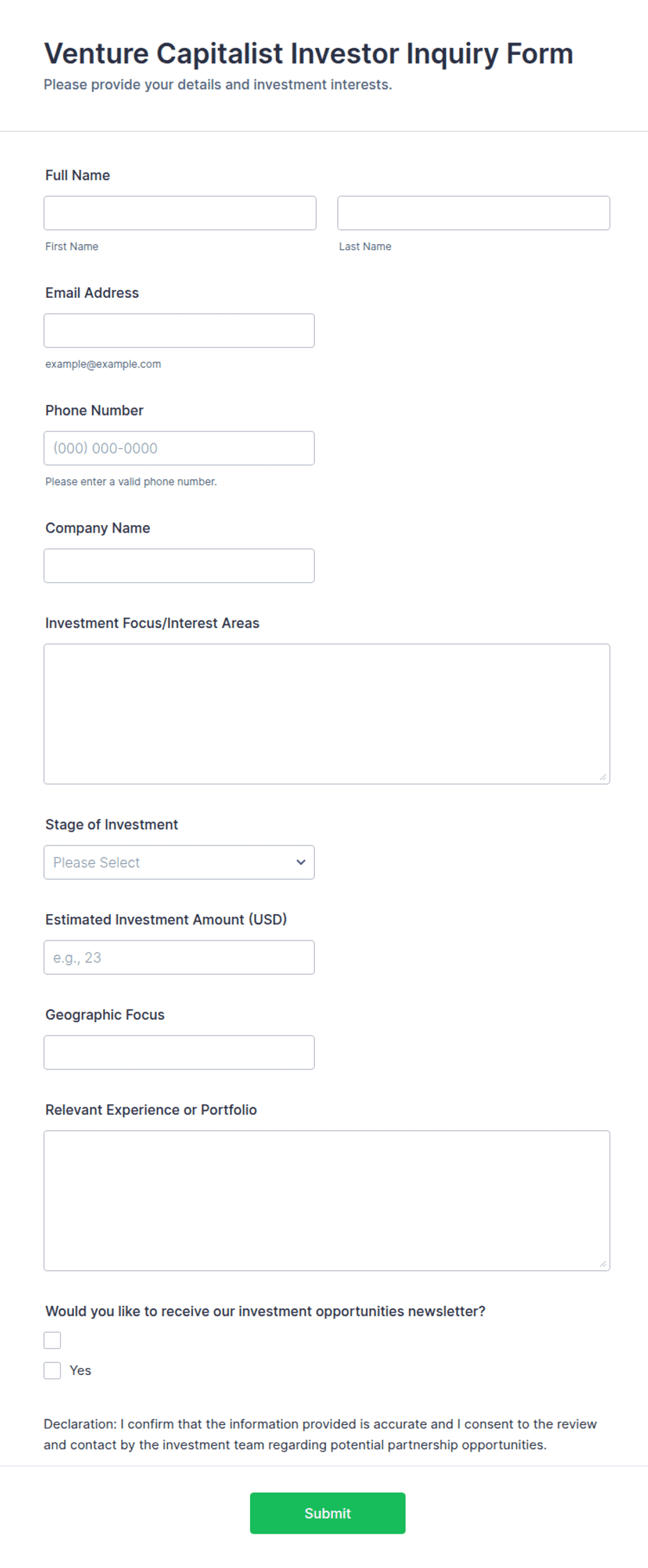 Venture Capitalist Investor Inquiry Form Template | Jotform