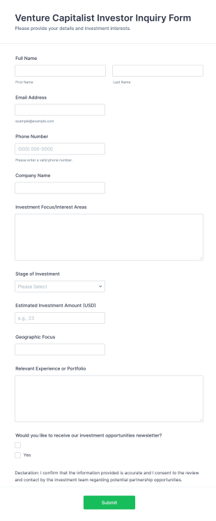 Venture Capitalist Investor Inquiry Form Template