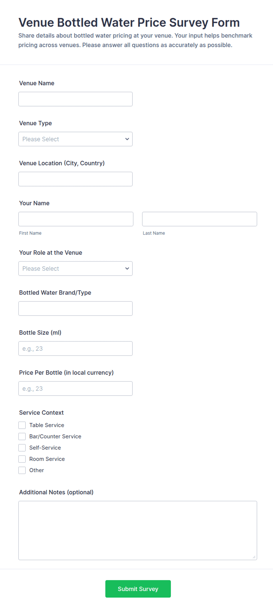 Venue Bottled Water Price Survey Form Template | Jotform