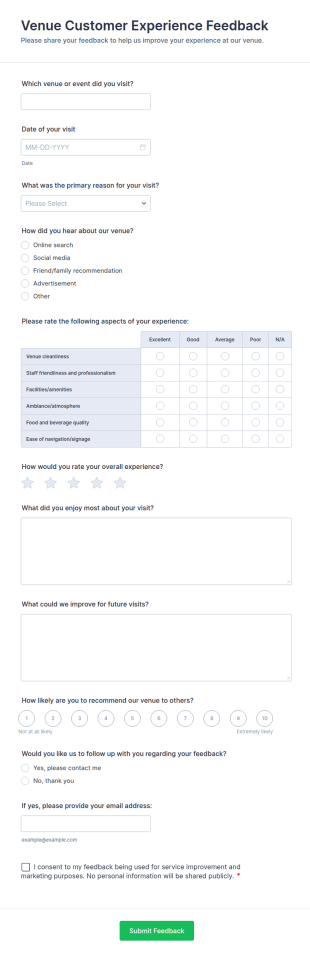 Venue Customer Experience Feedback Form Template