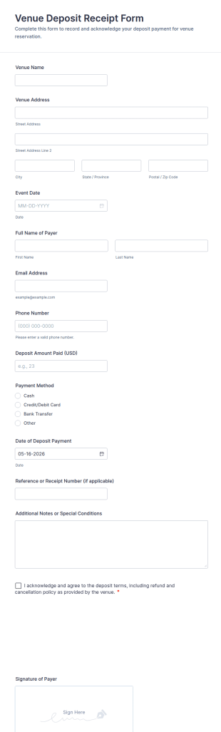 Venue Deposit Receipt Form Template