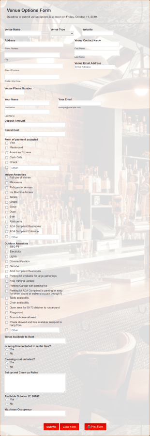 Venue Options Form Template