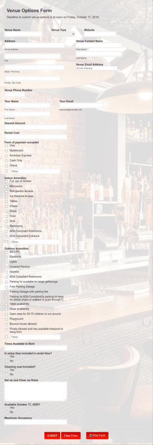 Venue Options Form Template