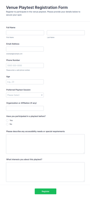 Venue Playtest Registration Form Template